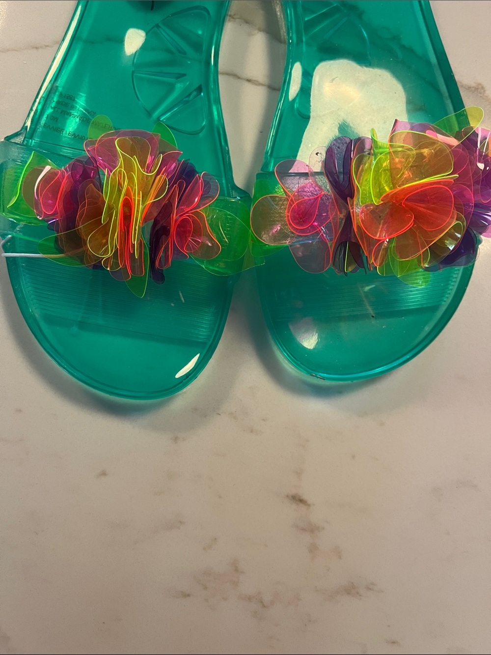 Betsey Johnson Green Jelly Slide Sandals with Neon Floral Accents - Picture 3 of 3